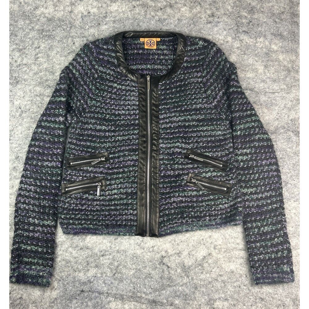 Tory Burch Wool‎ Blend Sweater Womans XL Full Zip Leather Trim Mohair Glitter
